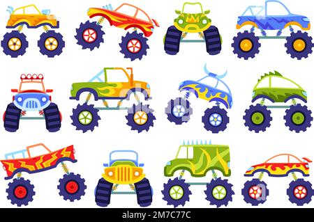 Cartoon monster trucks. Kids cars with big wheels, extreme race truck and heavy vehicles vector Illustration set Stock Vector
