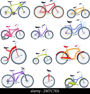 Cartoon bicycles. Different types of bikes for kids and adults, city bike, sport bicycle and unicycle vector set Stock Vector