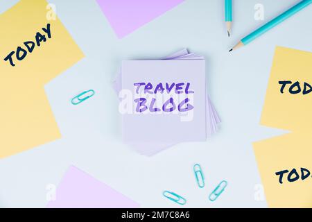 Sign displaying Travel Blog. Word Written on Sharing thoughts and experiences of the places around the world Stock Photo
