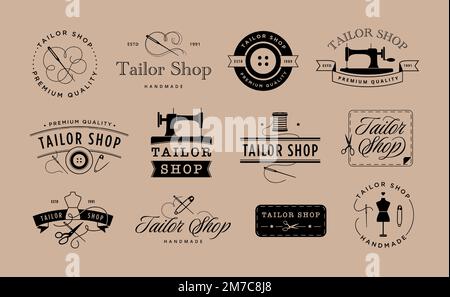 Tailor shop emblem. Elegant dressmaker label, atelier tag with dummy, needle and thread vector illustration set Stock Vector