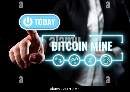 Writing displaying text Bitcoin Mine. Business approach Processing of aquiring and transactions in the digital currency system Stock Photo