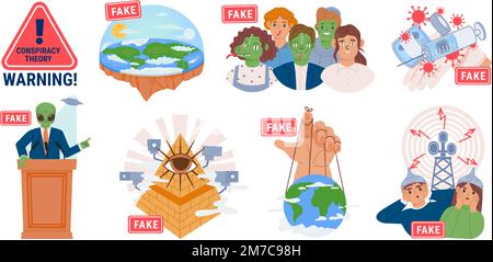 Conspiracy theories. Flat earth, microchipped vaccines, reptilians lizard people and politician aliens controls planet, 5G radiation and global Stock Vector