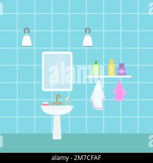 Bathroom sink with mirror and towels on blue background. Cartoon flat style Stock Vector