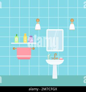 Bathroom sink with mirror and towels on blue background. Home interior concept Stock Vector