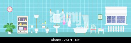 Panoramic bathroom interior with retro clawfoot tub, toilet, bidet and sink on blue background Stock Vector