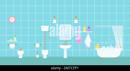 Retro clawfoot bathtub, toilet, bidet and sink with toiletries on blue background Stock Vector
