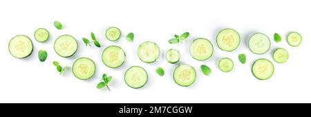 Fresh cucumber and mint panorama on white, overhead flat lay shot. Healthy organic food design Stock Photo