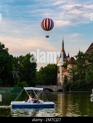 New touristic attraction in Budapest Hungary. The hot air balloin there is on the city park of Budapest. ,Near by famous Castle of Vajdahunyad and flo Stock Photo