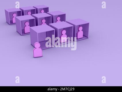 Cubes with people following a path and only one person thinking differently and standing out from the crowd concept. 3D rendering. Stock Photo