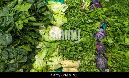 Fresh herbs and vegetables on the supermarket counter Stock Photo