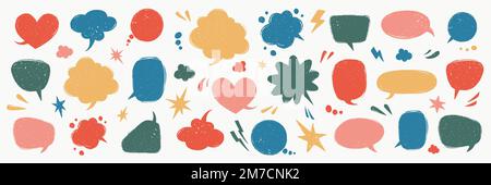 Speech bubbles set. Various talk balloon shapes in vintage style with grunge texture. Hand-drawn infographic Vector collection. Stock Vector