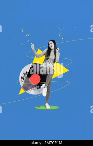 Collage photo of youngster girl dance celebrate weekend chill fun listen music retro vinyl plate disco ball overjoyed isolated on blue background Stock Photo