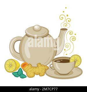 Herbal Ginger Tea Pot with Mint and Lemon Stock Vector