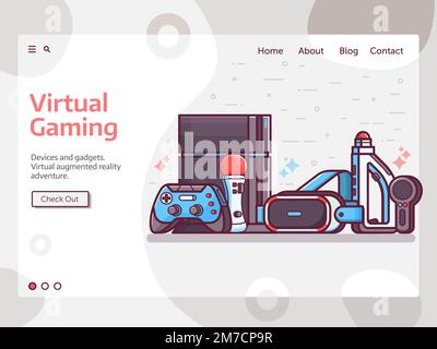 Virtual Reality Gaming Web Banner in Line Art Stock Vector