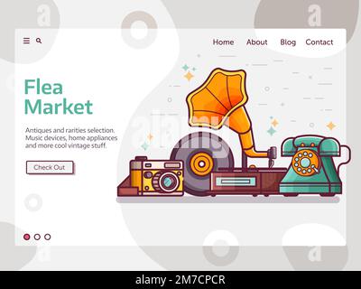 Flea Market Web Banner in Line Art Stock Vector