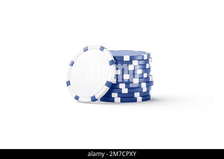 Blank white plastic round chip mockup stand with blue stack, 3d rendering, Empty pile of casino cash or finance mock up, isolated. Clear token or gamb Stock Photo