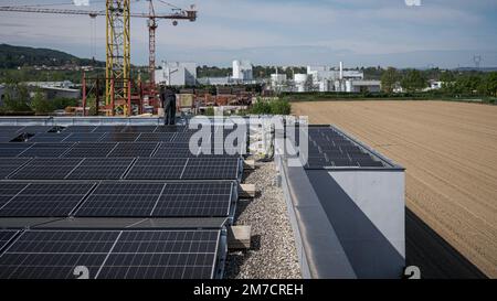 Male team engineers installing stand-alone solar photovoltaic panel system. Electricians mounting blue solar module on roof of company roof. Alternati Stock Photo