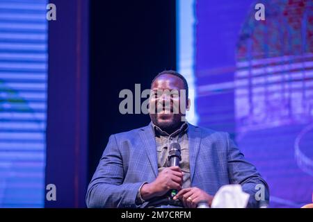 Dhaka, Bangladesh. 08th Jan, 2023. Former Zimbabwe captain Hamilton Masakadza delivers a speech during the Dhaka Lit Fest. The four-day-long Dhaka Lit Fest, which brought together a diverse mix of the world's best writers, filmmakers, musicians, and artists, ended with a reaffirmation of its commitment to promote Bangladeshi culture, literature, and arts at the Bangla Academy on Sunday. This festival officially concluded with a recitation, dance performance, and music performances. Credit: SOPA Images Limited/Alamy Live News Stock Photo