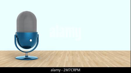 Table microphone in blue color for Podcast on a wooden table and light blue background. Panoramic image. 3D rendering. Stock Photo