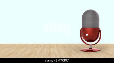 Table microphone in red color for Podcast on a wooden table and light blue background. Panoramic image. 3D rendering. Stock Photo