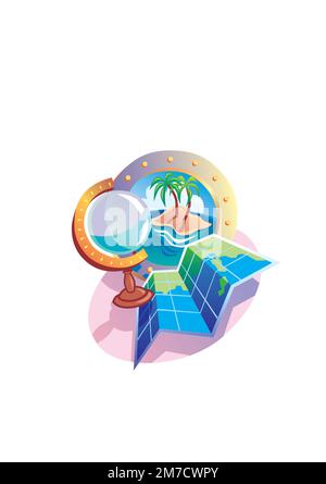 Map and globe for travel to warm countries. Vector illustration in flat style. Stock Vector
