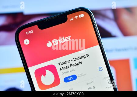 New Delhi, India – January 07, 2023: Tinder online dating app on phone Stock Photo