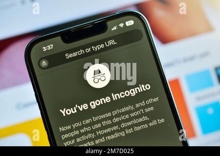 New Delhi, India – January 07, 2023: Incognito tab on smartphone, private browser Stock Photo