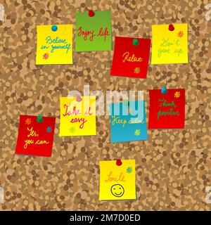 Cork board with positive messages on colorful sticky notes Stock Vector
