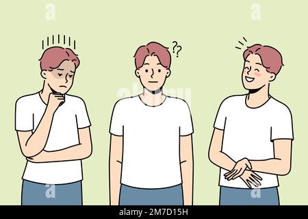 Young man showing different emotions. Millennial male feel emotional demonstrate various facial expression. Vector illustration.  Stock Vector
