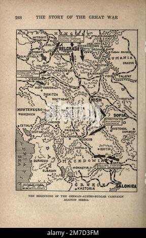 German-Austro-Bulgar Campaign Against Serbia map from the book The story of the great war; the complete historical records of events to date DIPLOMATIC AND STATE PAPERS by Reynolds, Francis Joseph, 1867-1937; Churchill, Allen Leon; Miller, Francis Trevelyan, 1877-1959; Wood, Leonard, 1860-1927; Knight, Austin Melvin, 1854-1927; Palmer, Frederick, 1873-1958; Simonds, Frank Herbert, 1878-; Ruhl, Arthur Brown, 1876-  Volume IV Published 1916 Stock Photo