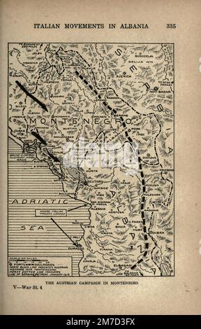 The Austrian Campaign in Montenegro map from the book The story of the great war; the complete historical records of events to date DIPLOMATIC AND STATE PAPERS by Reynolds, Francis Joseph, 1867-1937; Churchill, Allen Leon; Miller, Francis Trevelyan, 1877-1959; Wood, Leonard, 1860-1927; Knight, Austin Melvin, 1854-1927; Palmer, Frederick, 1873-1958; Simonds, Frank Herbert, 1878-; Ruhl, Arthur Brown, 1876-  Volume IV Published 1916 Stock Photo