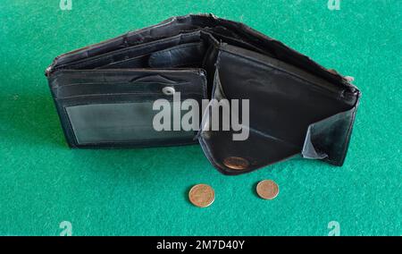 empty wallet and coins, financial crisis, inflation,danger of poverty concept. Stock Photo