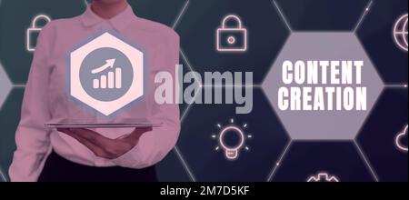 Writing displaying text Content Creation. Concept meaning contribution of information to any digital media Stock Photo