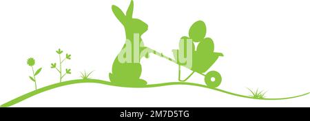 silhouette of easter bunny with easter eggs in wheelbarrow, vector illustration Stock Vector