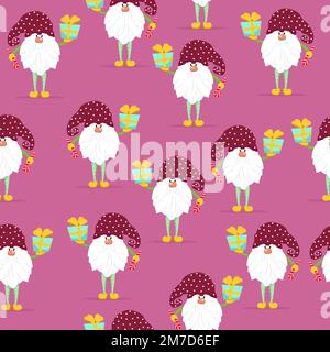 Funny gnomes with gifts seamless pattern. Cheerful gnomes in hats vector characters flat style Stock Vector