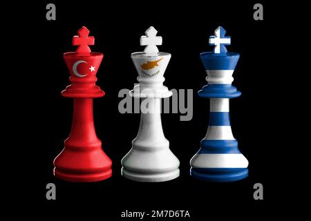 turkey, greece and Cyprus flags paint over on chess king. 3D illustration. Stock Photo