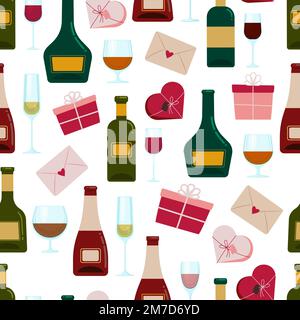 Bottles and wine glasses and gifts seamless pattern, Romantic pattern with envelopes Valentine s day. Vector background Stock Vector