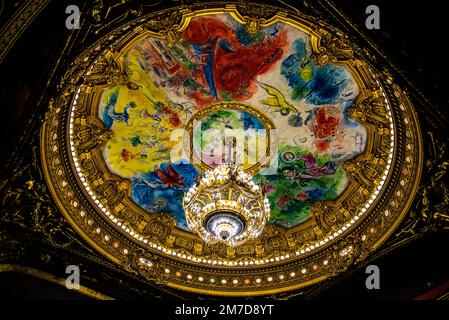 Paris, France - Dec. 26 2022: The Marc Chagall painting ceiling in the Opera Paris Stock Photo