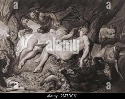 Sleeping Diana and her nymphs spied on by satyrs.  From a print by Richard Earlom after the painting by Peter Paul Rubens Stock Photo