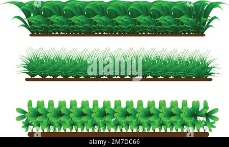 realistic green grass 3D fresh spring plants, different herbs and shrubs for posters and ads vector set objects isolated on white. Stock Vector