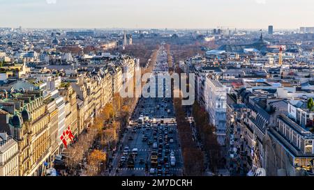 Paris, France - Dec. 28 2022: The Paris panorama view from the Arc de Triomph in Paris Stock Photo