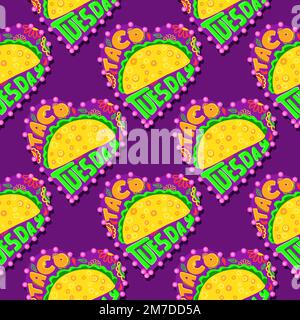 Taco digital paper. Taco Tuesday. Bright print of Mexican cuisine.Seamless pattern Stock Vector