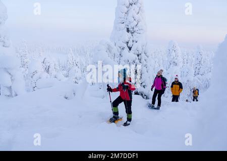 Happy family with two boys enjoying hiking in the winter landscape with snowshoes, Oulanka National Park, Ruka Kuusamo, Lapland, Finland Stock Photo