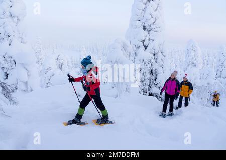 A family snowshoeing on a winter trail in the frozen forest, Oulanka National Park, Ruka Kuusamo, Lapland, Finland Stock Photo