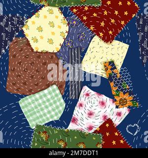 Seamless patchwork patchwork pattern. Textile pattern from pieces of fabric. Mending and sewing theme Stock Vector