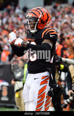 Cincinnati Bengals cornerback Cam Taylor-Britt reacts after breaking up a  pass in the end zone during an NFL football game against the Cleveland  Browns, Tuesday, Dec. 13, 2022, in Cincinnati. (AP Photo/Jeff