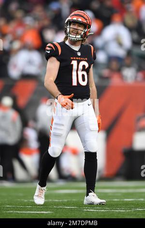 Cincinnati Bengals wide receiver Trenton Irwin (16) makes a catch for a  touchdown during an NFL football game against the Cleveland Browns,  Tuesday, Dec. 13, 2022, in Cincinnati. (AP Photo/Jeff Dean Stock