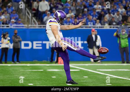 Minnesota Vikings punter Ryan Wright (14) and long snapper Andrew DePaola  (42) chat as they warm-up before an NFL match between Minnesota Vikings and  New Orleans Saints at the Tottenham Hotspur stadium