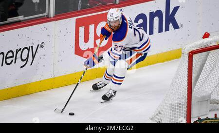 Edmonton Oilers defenseman Brett Kulak (27) plays against the Detroit Red  Wings in the second period of an NHL hockey game Tuesday, Feb. 7, 2023, in  Detroit. (AP Photo/Paul Sancya Stock Photo - Alamy