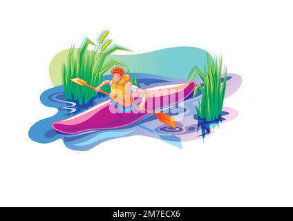 A man floats on the water in a kayak. Vector illustration in flat style. Stock Vector
